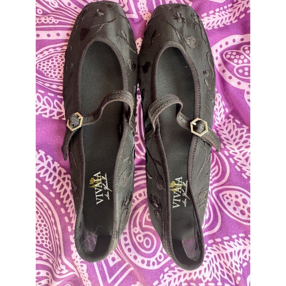Vivaia Margot Black Mary Jane Flats Square Toe Black French Floral EU 37.5 US 7